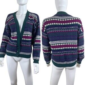 Vintage Adele Size S Fair Isle Knitted Sweater Cotton Cardigan USA Grandmacore